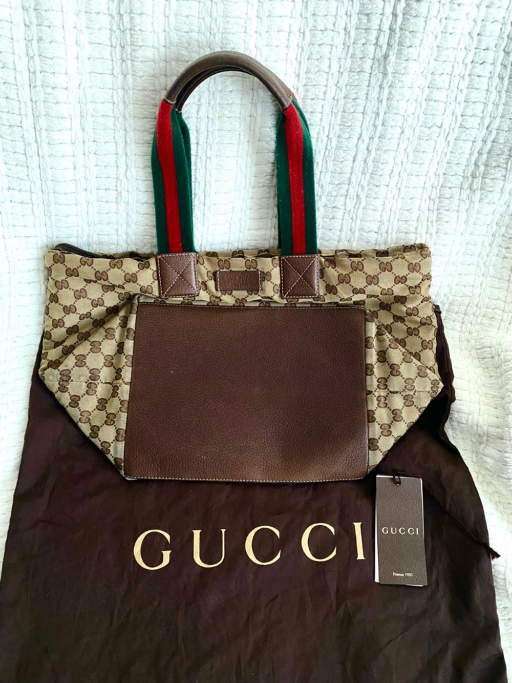 Gucci GG Supreme Canvas Tote Bag Web Stripe Handles Beige Brown - Picture 8 of 15
